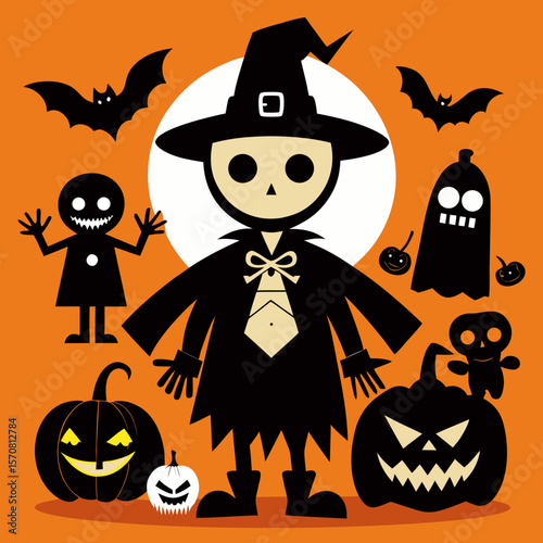Halloween witch silhouettes. Magic witch ladies with broomstick, hats and bats, scary witches making magic illustration set. Female wizards silhouettes Pro Vector
