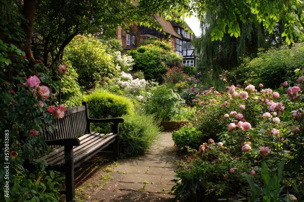 Obraz premium Serene garden scene with a wooden bench nestled amongst blossoming roses, lush greenery, and a stone path leading to a charming house partially hidden by foliage