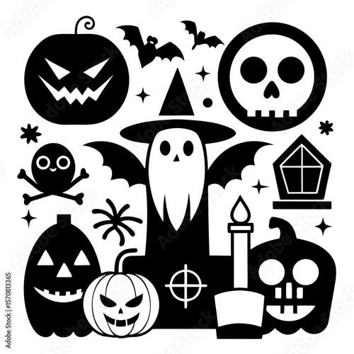 Halloween witch silhouettes. Magic witch ladies with broomstick, hats and bats, scary witches making magic illustration set. Female wizards silhouettes Pro Vector
