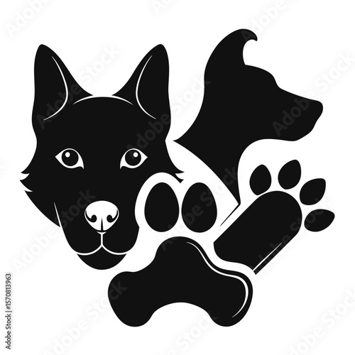 Stylized black silhouette of two dog heads and a paw print