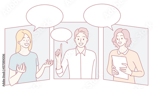 An engaging illustration depicting three individuals in active communication, showcasing modern digital conversations