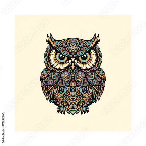 Ornate owl design with intricate paisley patterns on a cream background.