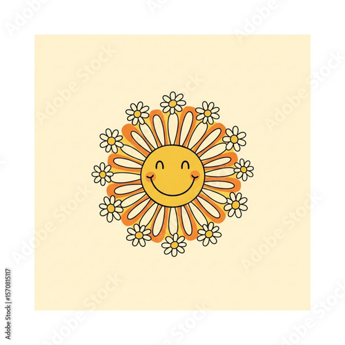 Happy smiling sun surrounded by daisies, retro 70s style illustration.
