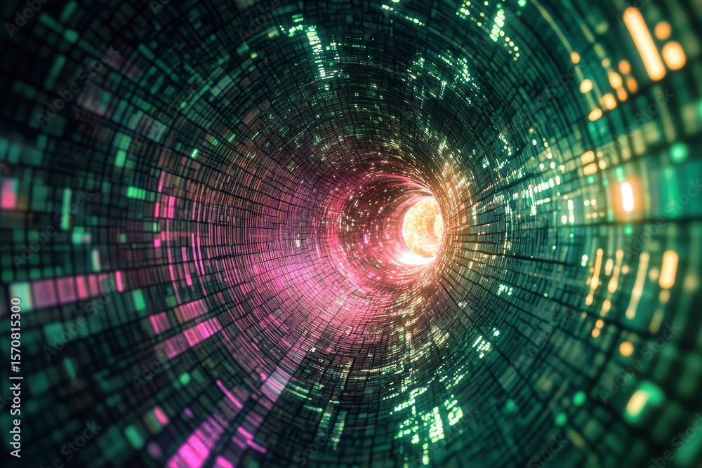 Fototapeta premium Digital tunnel with vibrant glowing data streams.