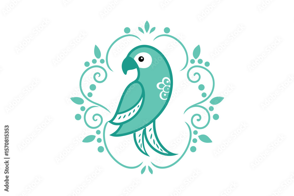 Obraz premium Whimsical Teal Parrot Illustration Encircled by Decorative Flourishes a Charming Blend of Nature and Artistic Design on White Background