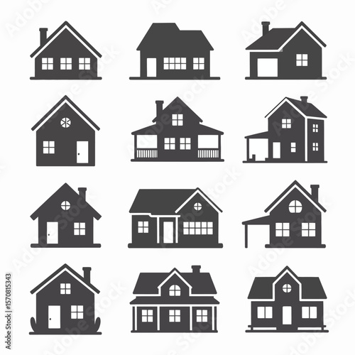 Twelve Dark Gray Silhouettes of Houses Various Styles and Sizes Simple Home Icons Set for Real Estate or Architecture Projects