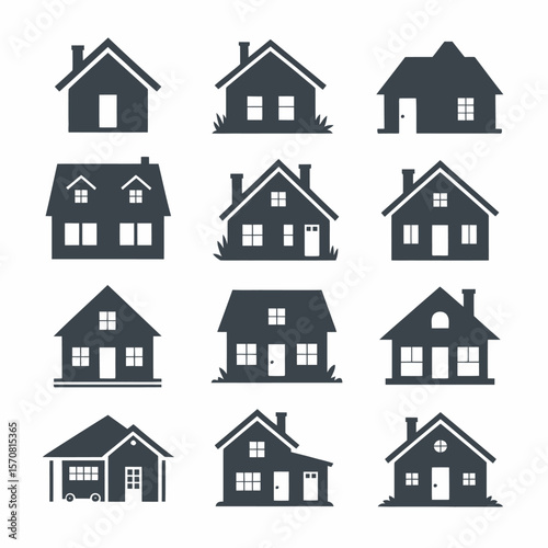 Twelve Dark Gray House Icons Simple Home Silhouettes Various Styles Architectural Designs Real Estate Symbols Collection
