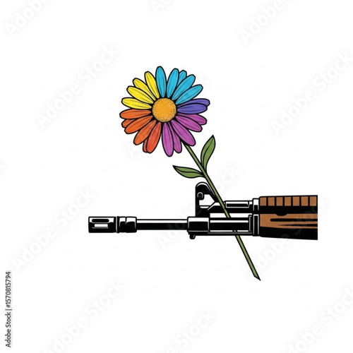 An assault rifle with a colorful daisy growing from the barrel, symbolizing peace and anti-war sentiment.