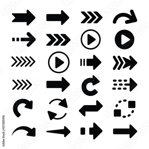 Twenty Four Black Arrow Icons Vector Graphics Set Right Left Up Down Curved Double Play Symbols Directional Indicators User Interface Elements Web Design Assets