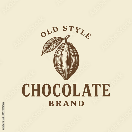 Elegant Chocolate Brand with Old Style Cocoa Pod and Leaf Illustration