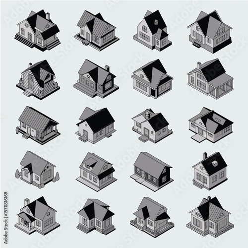 Twenty isometric grayscale illustrations of various suburban house designs showcasing different architectural styles rooflines and landscaping elements each house depicted in a consistent