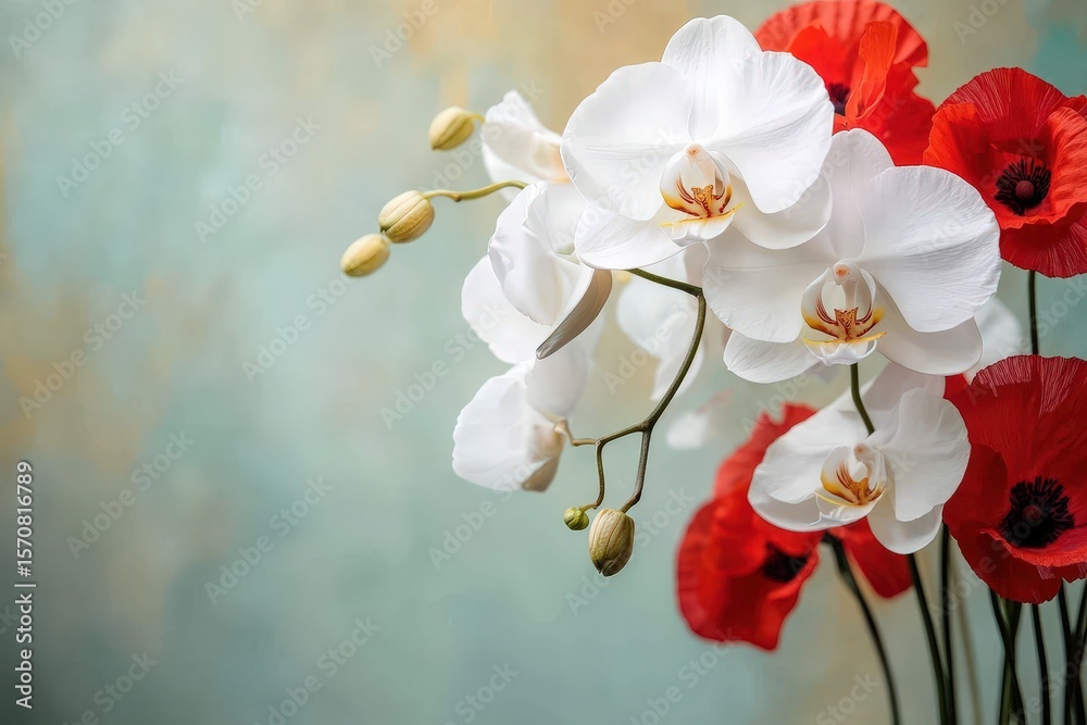 Fototapeta premium Close-up of white orchids and red poppies.