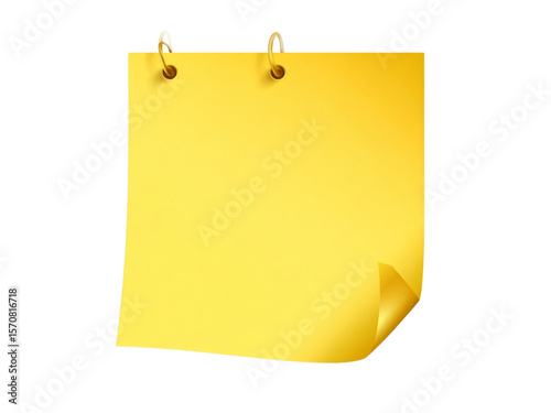 A bright yellow sticky note with a curled corner, held by metal binder rings.