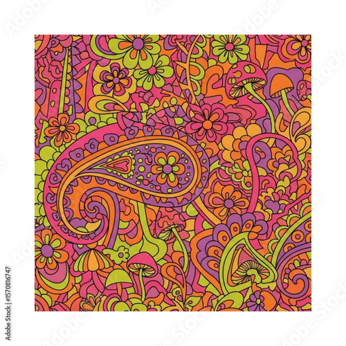 Vibrant psychedelic illustration showcasing floral designs, mushrooms, and paisley patterns in a colorful arrangement.
