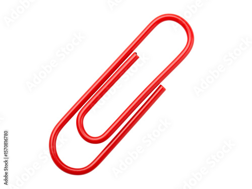 A single, bright red paperclip isolated against a clean white background.