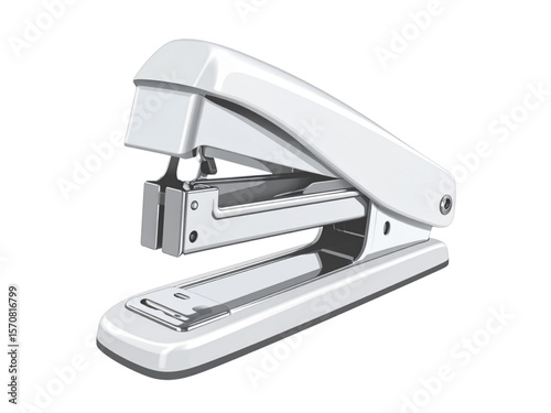 A white stapler sits angled on a white background, ready for office use.