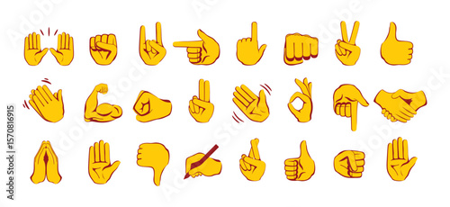 Collection of cartoon style yellow hand icon showing various gestures, symbols, and signs, perfect for UI, emojis, or communication design.
