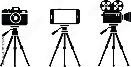 Minimalist Camera and Tripod Icon Set with Camera, Smartphone, and Film Recorder, Flat Vector Illustration for Photography and Videography Use