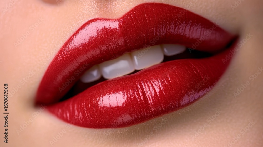 Obraz premium Close-up of Radiant Full Lips Shimmering with Vibrant Red Color, Showcasing Healthy Lip Care Regimes