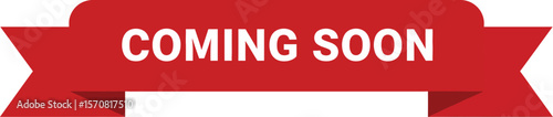 Minimalist Coming Soon Tag Sticker with Red Ribbon, Flat Vector Illustration for Promotional Use