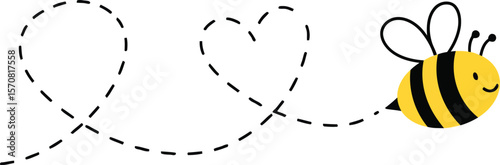 Minimalist Flying Bee with Heart-Shaped Flight Path, Flat Vector Illustration for Nature and Love Themes