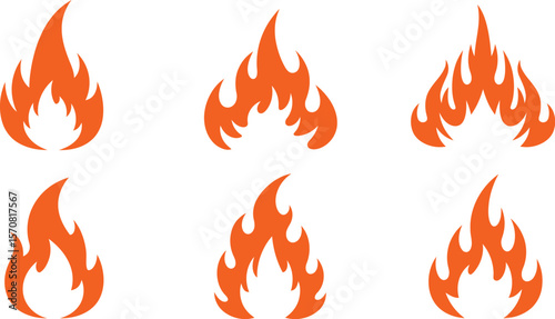 Minimalist Fire Icon Set with Simple Flame Symbols, Flat Vector Illustration for Safety and Warning Use