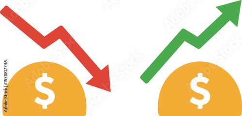Minimalist Profit and Loss Icon Set with Dollar Symbol and Arrows, Flat Vector Illustration for Finance and Business Use