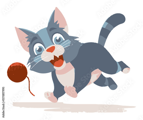 Playful Cartoon Cat with Yarn Ball in a Cheerful Vector Illustration