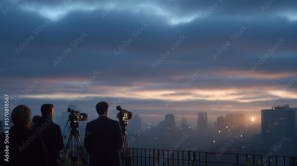 Fototapeta premium News team prepares for live broadcast at sunrise over a city skyline while facing dramatic clouds