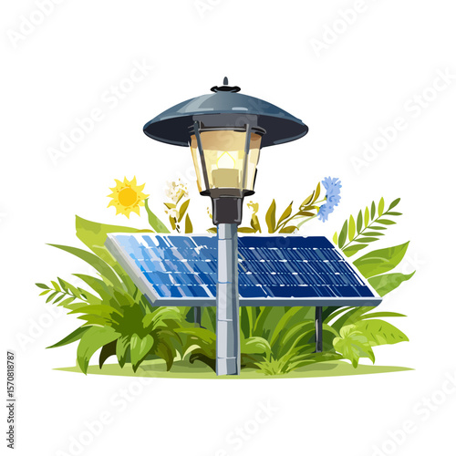 Solar Panel Powered Lamp Post Among Lush Greenery