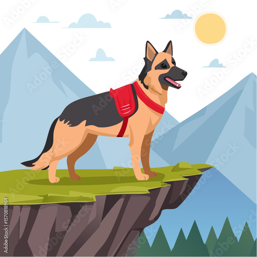 German Shepherd Hiking in the Mountains Vector Graphic