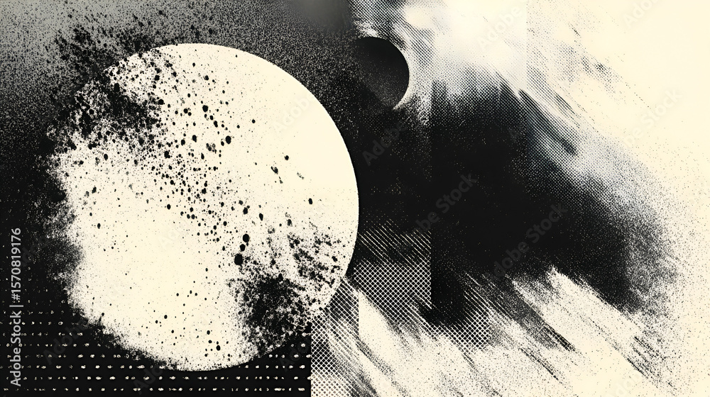 Fototapeta premium Abstract Black and White Grunge Background with Halftone Dots and Ink Splatter Texture, Dynamic Circle Shape
