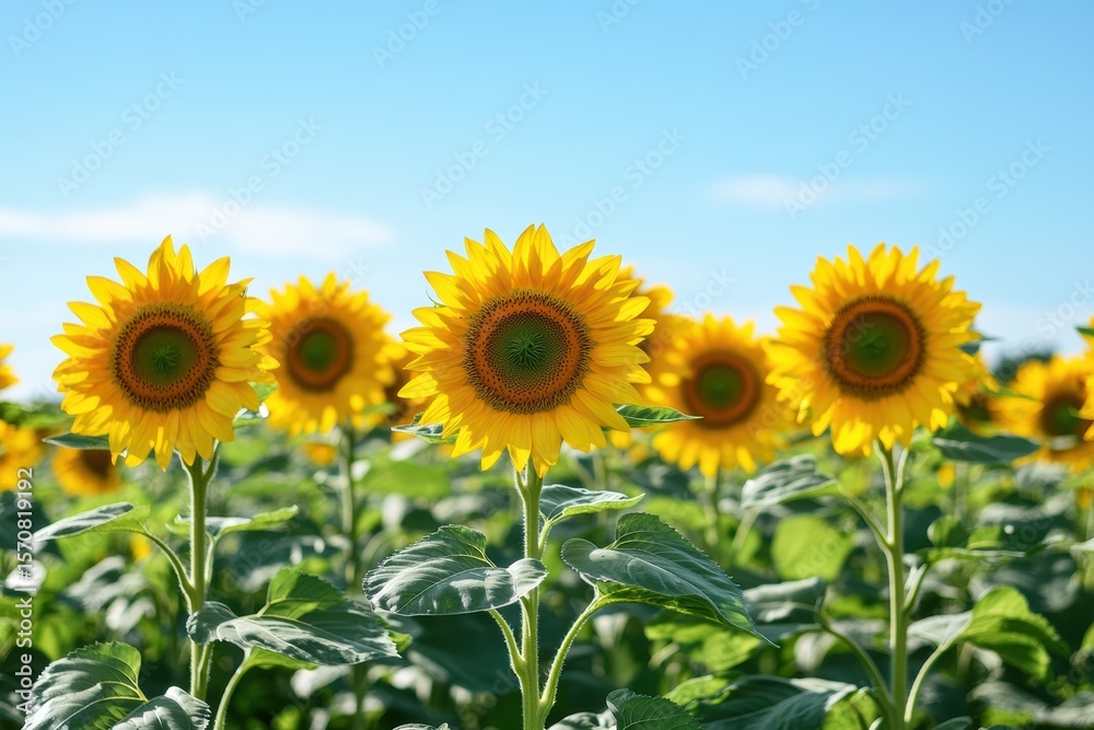 Obraz premium Bright sunflowers thriving in a vast field under a clear blue sky