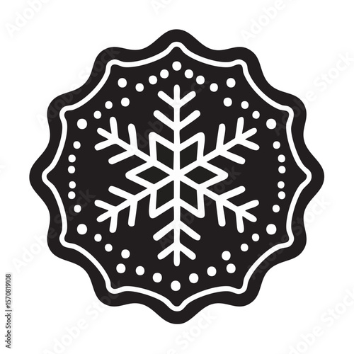 Stylized snowflake ornament black and white winter season holiday decoration, ornate design, circular shape, festive decorative element