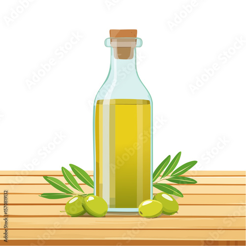 Olive Oil Bottle and Olives Illustration on Wooden Surface
