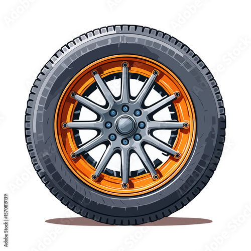 Stylish Orange Rimmed Car Tire Illustration with detailed tread and rim design