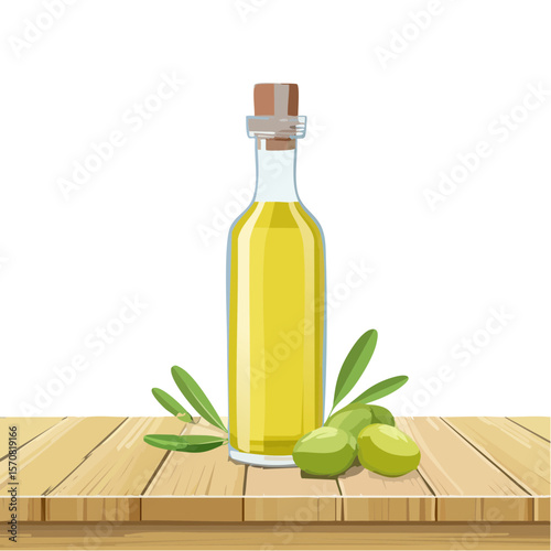 Illustration of olive oil bottle with olives on a wooden table.