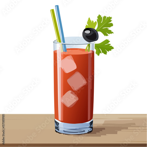 Bloody Mary Cocktail with Ice, Celery, Straws and Olive Garnish