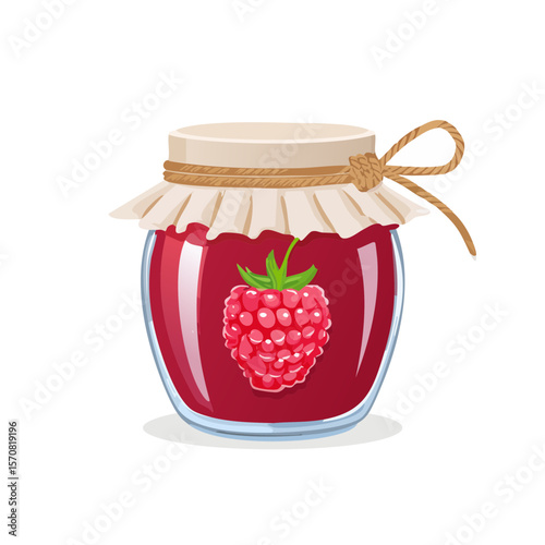 Jar of Raspberry Jam with Cloth Cover and Rope Tie