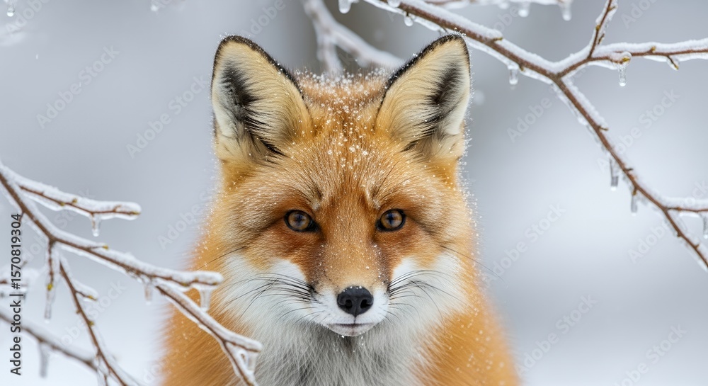 Fototapeta premium Majestic Red Fox Portrait in Winter Wonderland with Snowflakes and Icy Branches