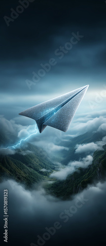 Futuristic digital mail paper airplane flying above clouds lightning dramatic sky mountain landscape innovation speed