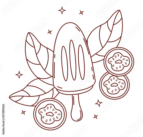 Outline Guava ice cream stick and tropical fruit slices with leaves. Line drawing, coloring book. Vector illustration. Exotic food, sweet dessert for summer, menu design, packaging and healthy themes