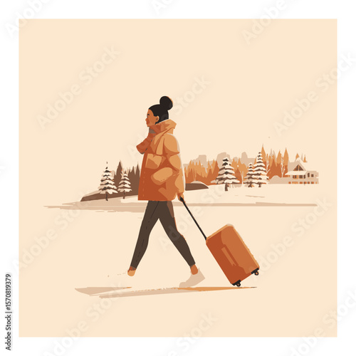 Young Woman Walking with Suitcase in Winter Landscape Vector Cartoon