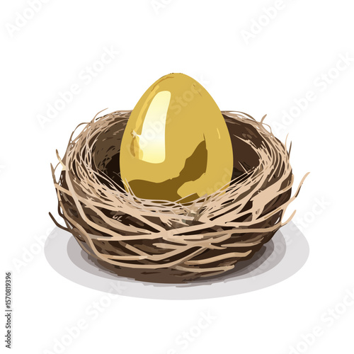 Illustration of a Golden Egg Resting Securely in a Brown Bird's Nest