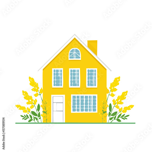 Whimsical yellow house illustration with bright yellow flowers and grass on black background. Flat design building with chimney and many windows