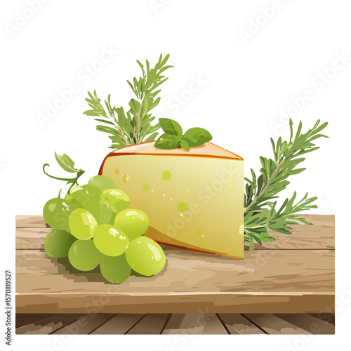 Cheese wedge with grapes and rosemary, on a wooden table