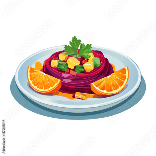 Vibrant beetroot pasta salad with fresh oranges and a green garnish.