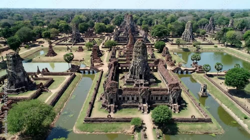 An aerial view captures the ancient buddhist temple ruins of ayutthaya, thailand, showcasing its historical architecture, cultural heritage, and serene landscape on a sunny day