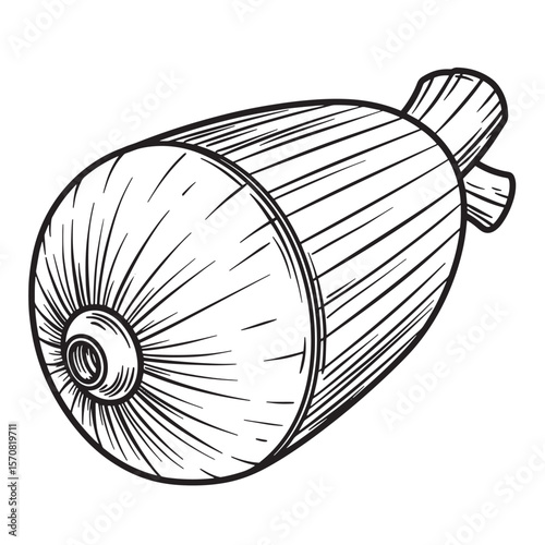 Detailed hand drawn illustration of a vintage style ink bottle isolated on white background