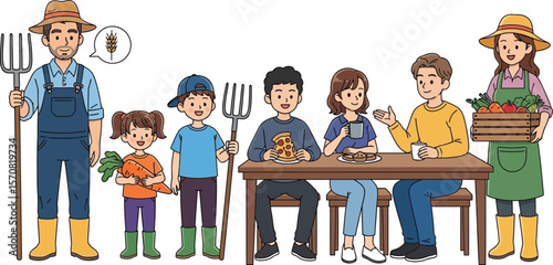 Cartoon family with farmers and food